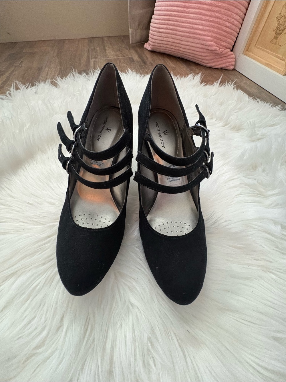 Worthington Black Triple-Strap Heels